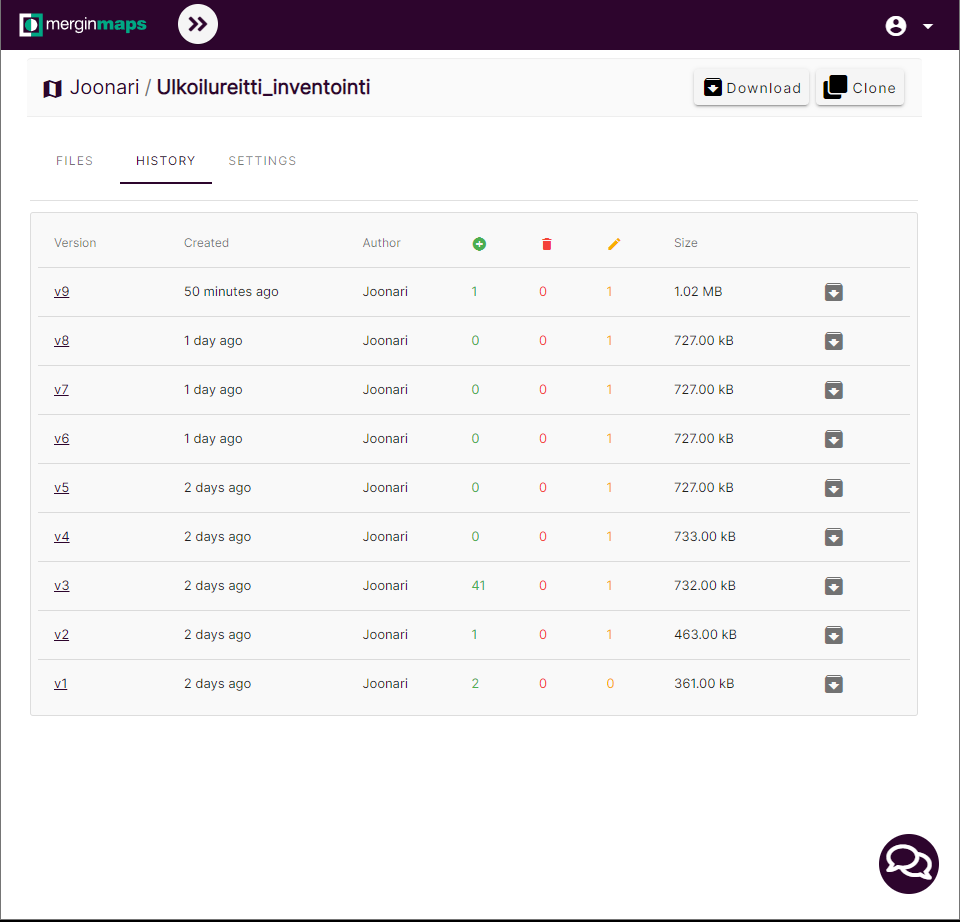 Screenshot of a change log of Mergin Maps.