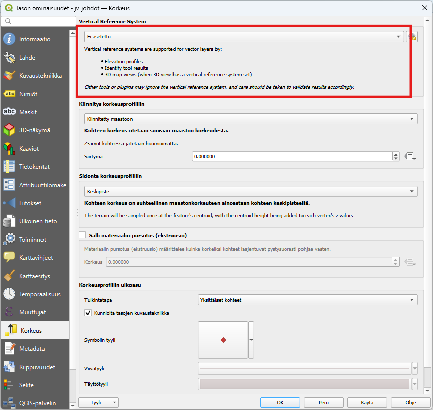 QGIS 3.40 uusi ominaisuus: korkeuskoordinaattijärjestelmä